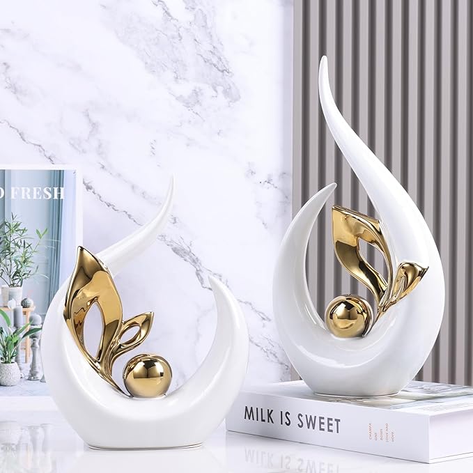 13" H White Gold Abstract Sculptures Home Decor, Ceramic Art Statue Cool Stuff to Put on Shelves&tv Stand Decor, Gold Accent Entertainment Center, for Fireplace Coffee Table Dining Table Decorate