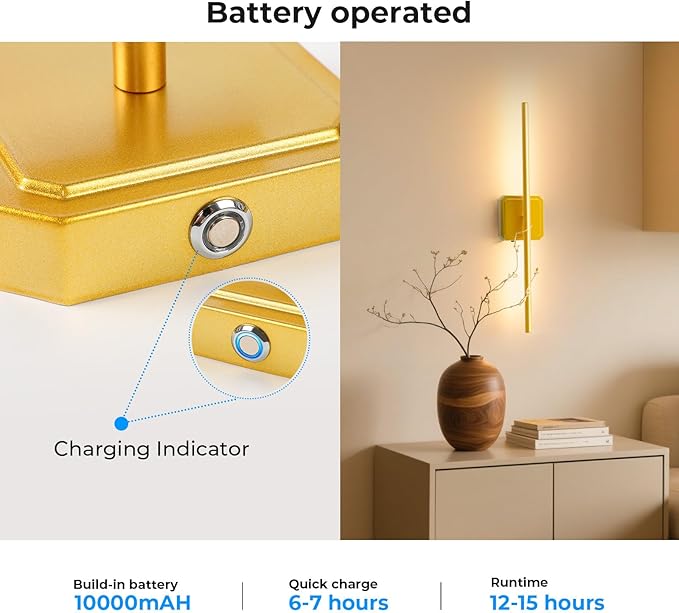 Battery Operated Wall Sconce Detachable 360°Rotate, Wireless Wall Lamp 3000-6500K Dimmable, 10000mAh Rechargeable Wall Light for Bedroom, Living Room,28" Black Gold (4 Pack)