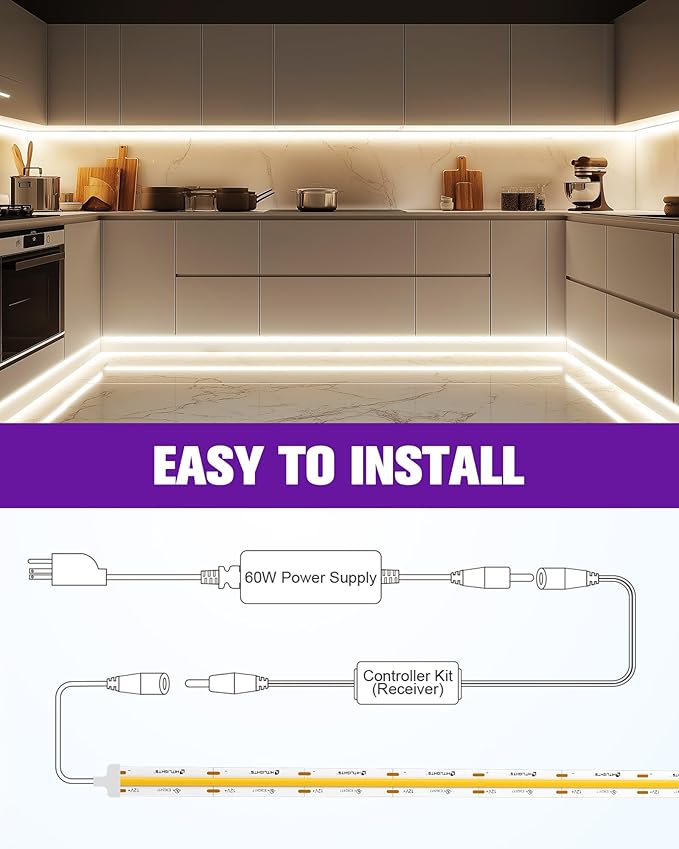 HitLights White COB LED Strip Lights Kit 4000K, Dimmable Tape Light with Remote 12V Power Supply, 2640 LEDs, 426 lm/ft, CRI 90+, UL Listed, Premium Lighting for Kitchen Cabinet Living Room, 16.4ft