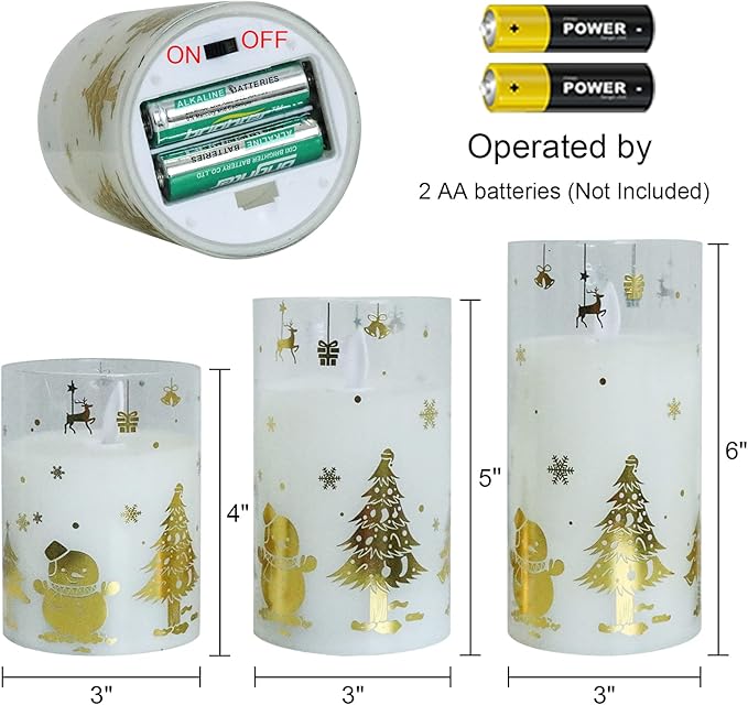 DRomance Christmas Battery Operated Flameless Candles Flickering Remote and Timer Glass LED Pillar Candles Moving Wick Real Wax Gold Snowman Christmas Tree Decals Holiday Decor D3 x H4, 5", 6"