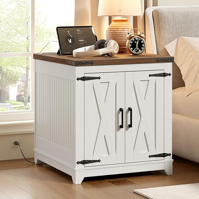 Farmhouse End Table Set of 2, Sofa Side Table with Charging Station and Adjustable Shelf, Wooden Nightstand for Living Room, Bedroom, White and Walnut