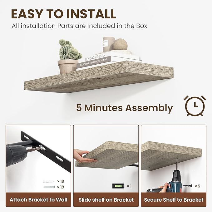 24 Inch Floating Shelves, 12 Inch Deep Floating Shelves for Wall, Floating Shelf with Invisible Brackets, Deep Shelves for Bathroom, Bedroom, Living Room, 2 Pack, Vintage Gray Oak