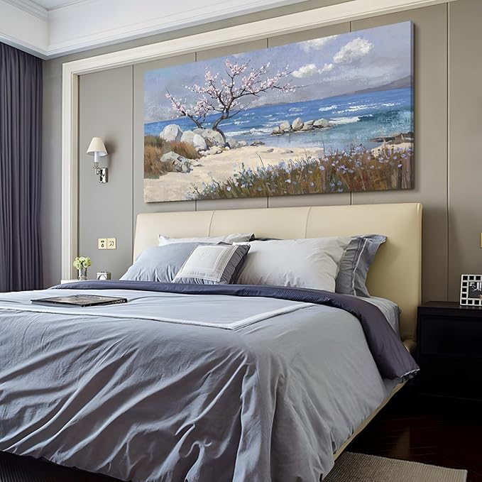 amatop Extra Large Coastal Canvas Wall Art for Living Room Abstract Blue Ocean Beach Seascape Picture Pink Flower Tree of Life Print Wildflower Botanical Nature Artwork Bedroom Office Decor 58x29 In