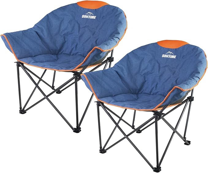 OUTDOOR LIVING SUNTIME Oversized Padded Camping Chair,Portable Comfy Outdoor Folding Moon Round Saucer Chairs for Adults with Holder and Carry Bag, Perfect for Hiking Lawn Patio Sports(Denim 2 Pack)