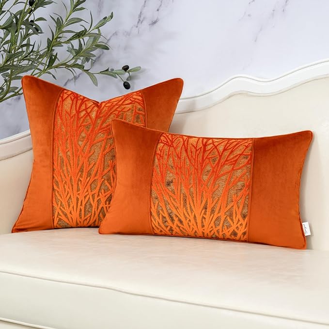 Yangest Orange Twigs Throw Pillow Cover Velvet Branches Velvet Cushion Case Neutral Pillowcase for Sofa Couch Bedroom Living Room Home Decor,18x18 Inch