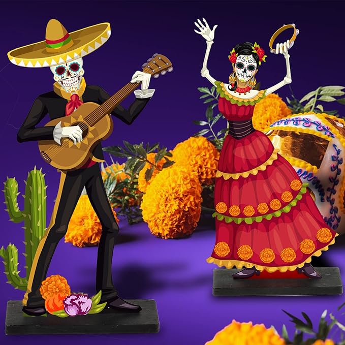 2 PCS Day of the Dead Centerpieces, Wooden Dancing Couple Sugar Skull Signs Decor Day of the Dead Table Decor Mexican Dia De Los Muertos Decor for Table Mexican Festival Halloween Decor