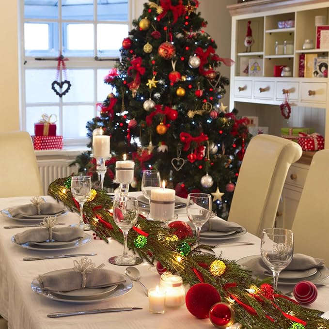 Christmas Garland with Lights for Mantle, 6 Ft Norfolk Pine Garland with 9 Christmas Bows and 2 LED Strings, Prelit Garland for Decoration Christmas, Table, Stairs, Indoor, Outdoor Decor