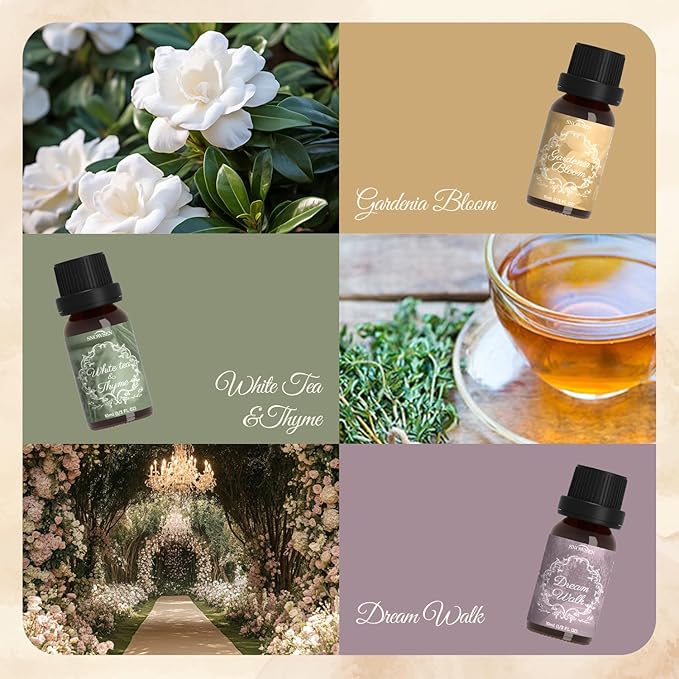 Fragrance Oils Hotel Set—Santal, Luxury Night, White Tea & Thyme, Gardenia Bloom, Dream Walk, Citrus Amber, Essential Oils for Diffuser, Candle & Soap Making, Luxury Diffuser Oils Scents