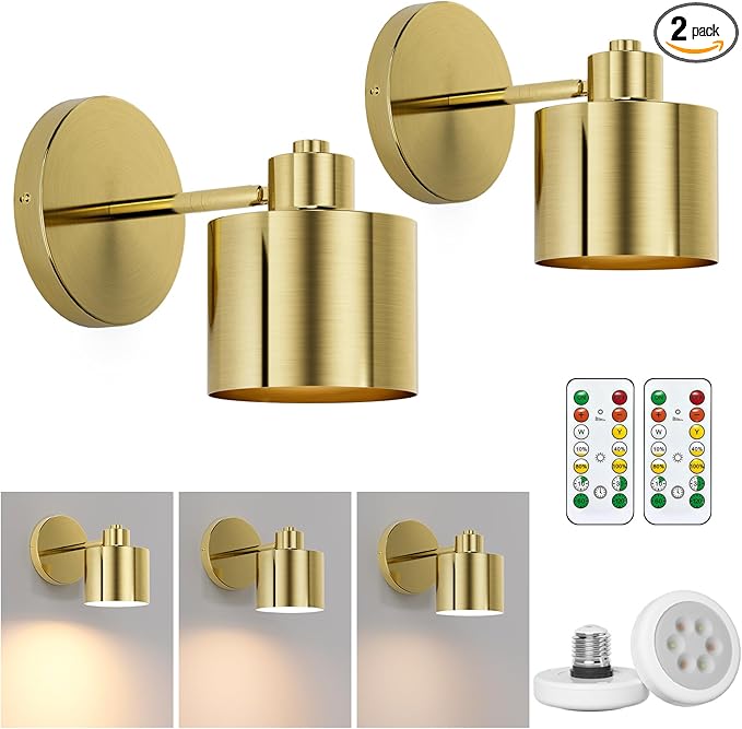 Tipace Gold LED Wall Mounted Lights 2 Pcs with Remote,Wall Sconces Lamp Battery Operated,3 Color Temperatures & Dimmable 360° Rotation Cordless Light for Bedroom Bedside Farmhouse Gallery