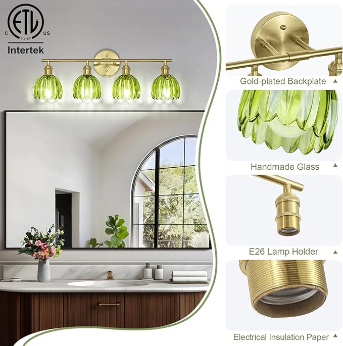 Vintage Bathroom Light Fixtures,4-Light Hardwired Vanity Lights Over Mirror,Gold Wall Sconces with Green Tulip Glass Shade for Bathroom Living Room,E26 Socket(Bulbs Not Included)