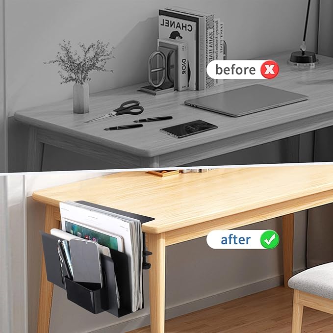 2 Tier Desk side storage, Desk Laptop Holder with Magnetic Pen Holder, No Drill Hanging Table Organizer for Office and Home Fits Flat Edge 0.3" to 2.3"