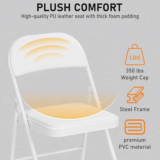 SEALAMB 4 Pack White Folding Chairs with Padded Seats & Cushion, Durable Metal Foldable Chairs for Wedding Party, Commercial Chairs for Office School Church Events, 330lb Capacity (White-PU, 4 Pack)