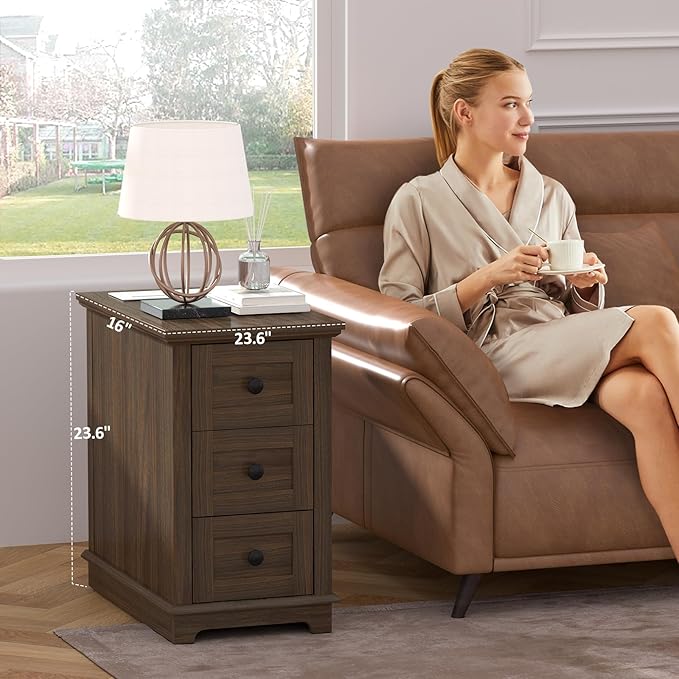 HIFYOBRO End Table with Flip Top Charging Station, Narrow Side Table with 3 Drawers, Wooden Nightstand, End Table with Storage for Living Room & Bedroom