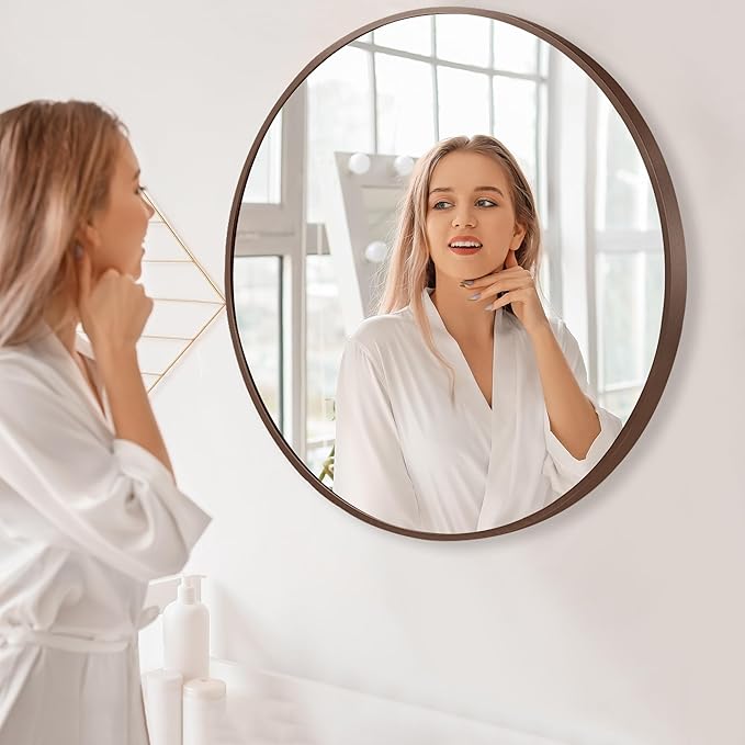 28 inch Round Bronze Mirror, Brushed Metal Framed Circle Wall Mirror for Bathroom Vanity, Bedroom Decor, Living Room, Entryway