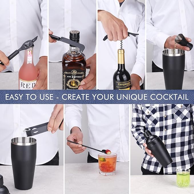 Cocktail Shaker Set Stainless Steel Bartending Kit 18.6oz Cocktail Bar Set Cocktail Mix Drink Making Kit Professional Bar and Home Drink Bar Tools for Bartender (Matte Black, 9Pcs)