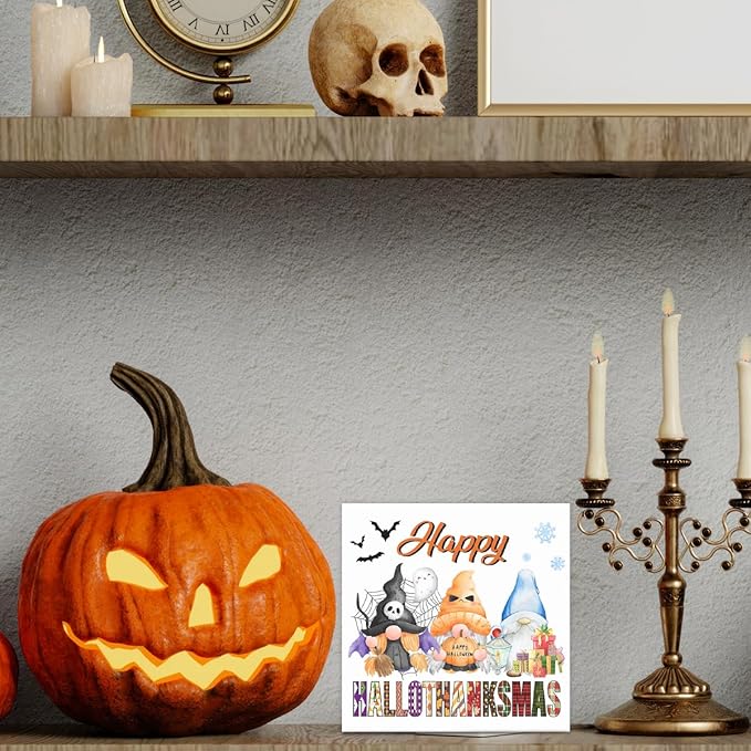 Halloween Thanksgiving Christmas Decor Happy Hallothanksmas Gnomes Wooden Box Sign for Home Bedroom Shelf Desk