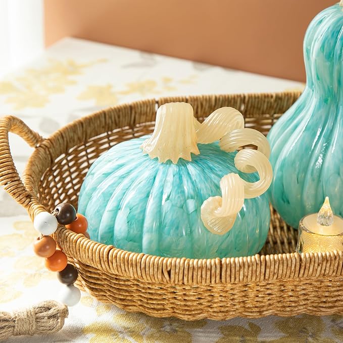 Glitzhome 6" D Round Turquoise Glass Pumpkin,Thanksgiving Glass Pumpkin Fall Pumpkin Glass Blown Pumpkin Table Decor Harvest Glass Pumpkin Figurine Glass Crafts for Fall Thanksgiving Halloween Decor