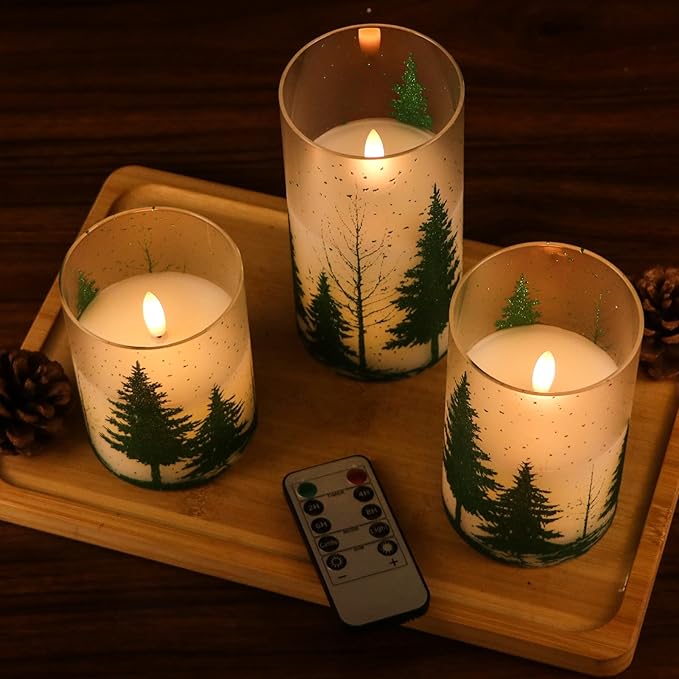 DRomance Christmas Tree Glass Flameless Candles with Remote Timer Battery Operated Real Wax 3D Wick LED Flickering Pillar Candles Christmas Holiday Decor(Green, 3 x 4,5,6 Inch)