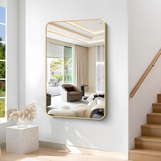 55"x36" Gold Bathroom Mirror, Large Rectangle Mirror, Rectangular Wall Mirror, Rounded Corner Vanity Mirror with Aluminum Metal Frame for Bathroom Bedroom Living Room Horizontal/Vertical
