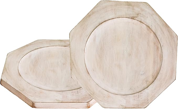 Alpha Living Home 2 Piece Handcrafted Wooden Plate - 13" Round Wood Dish, Party Platter and Tray for Sandwich Bread Serving, Appetizer Display, Vintage Ring Dish (White)