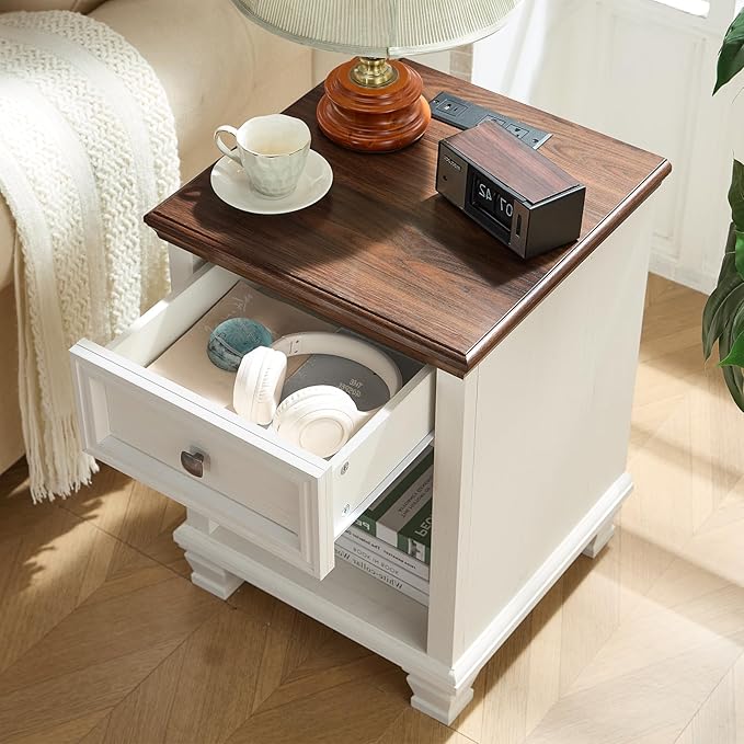Farmhouse End Tables Living Room Set of 2, Rustic Wood Nightstand with 1 Drawer, Bedside Table with Open Shelf for Bed Room, Side Table for Living Room, White