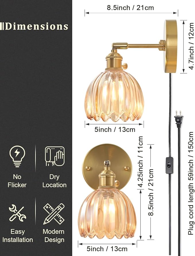Plug in and Hardwired Wall Sconces, Luxury Vintage Tulip Crystal Glass Shade Wall Light with Switch for Bedside Bedroom Living Room (Tulip-Amber, 2)