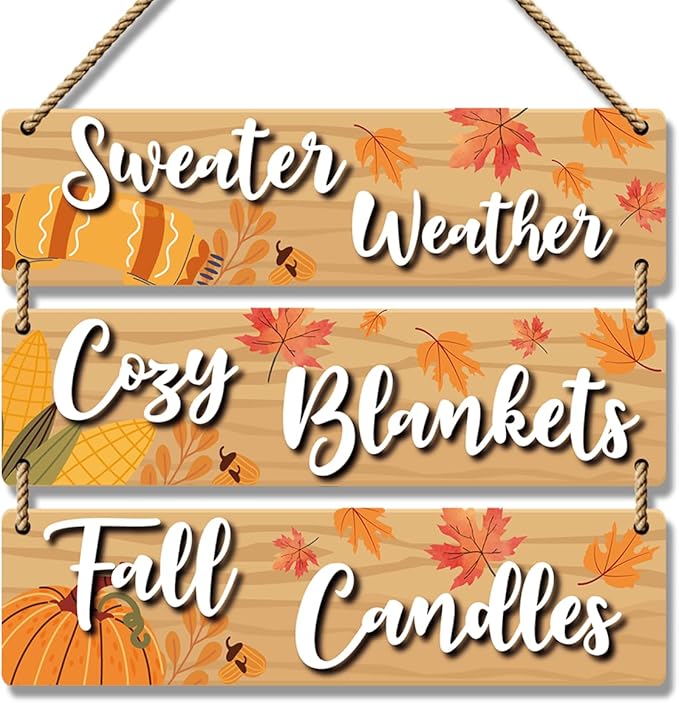 3 Pieces Fall Rustic Wooden Board Wall Decor Hanging Signs Decor, Thanksgiving Autumn Pumpkin Maple Leaves Wooden Plaque Farmhouse Wall Signs for Indoor Outdoor Porch Door Living Room. (010)