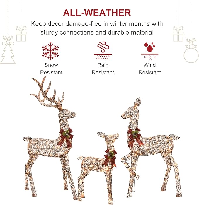 HOYECHI 6.5 FT Oversized Christmas Decorations Outdoor Lighted Reindeer β 3-Piece 3D Deer Family Set with 340 Warm White LED Lights for Yard, Lawn, Garden & Porch Holiday Display - Rattan