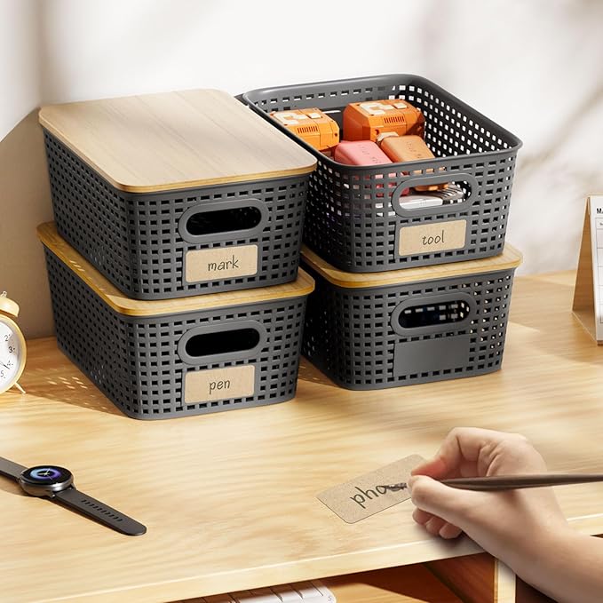 Small Storage Bins with Bamboo Lid, Plastic Storage Box with Lid, 5QT Stackable Organizing Basket with Lable, Storage Container for Classroom, Office, Closet, Shelf Organization, 10x7x4 In-Grey-6 Pcs