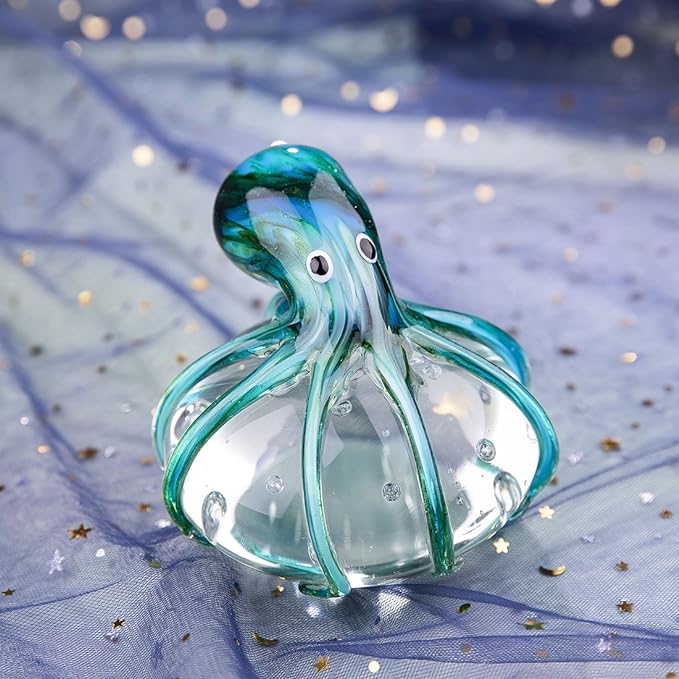 QFkris Qf Handmade Octopus Blown Glass Figurine Gift for Christmas, Birthday Home Decor Blue-Green Paper Weight