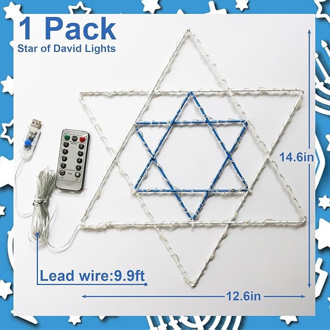 Hanukkah Decorations Chanukkah Window Lights, 8 Lighting Modes USB Powered White Blue 40 LEDs Star of David Silhouette Hanging Lights with Iron Frame 11.8 x 10 Inch Indoor Decor(1PACK)