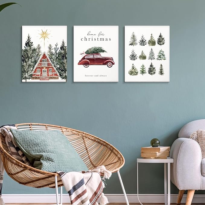 DSHFG Vintage Christmas Wall Gifts for Women Housewarming, Rustic Wall Art Canvas Framed Set of 3, Farmhouse Christmas House Trees Car Wall Decor for Home Living Room Bedroom, 14x11 Inch