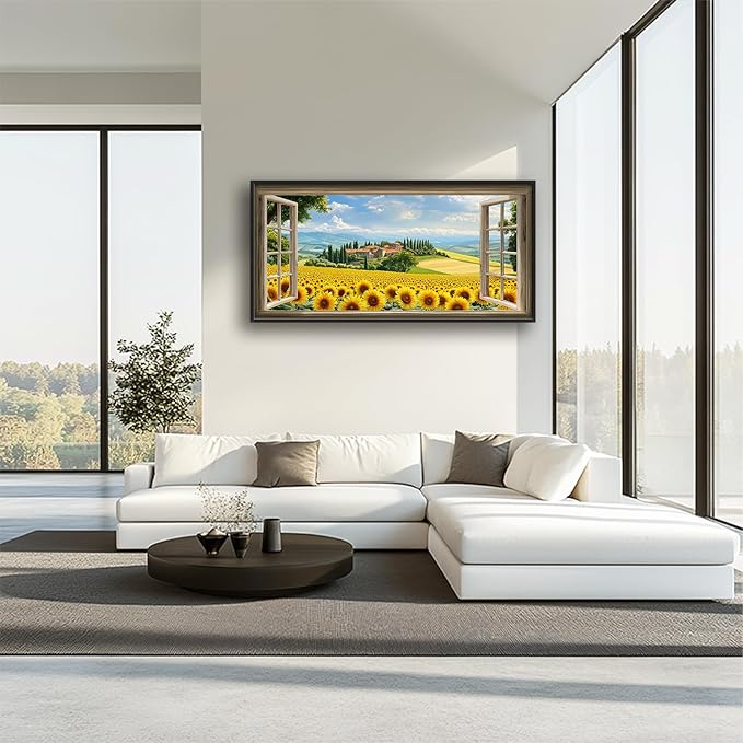 Sunflower Wall Art, Italy Pictures Wall Decor, Window Flower Canvas Prints Painting, Modern Large Framed Artwork For Living Room Office Bedroom Corridor 60"x 30"