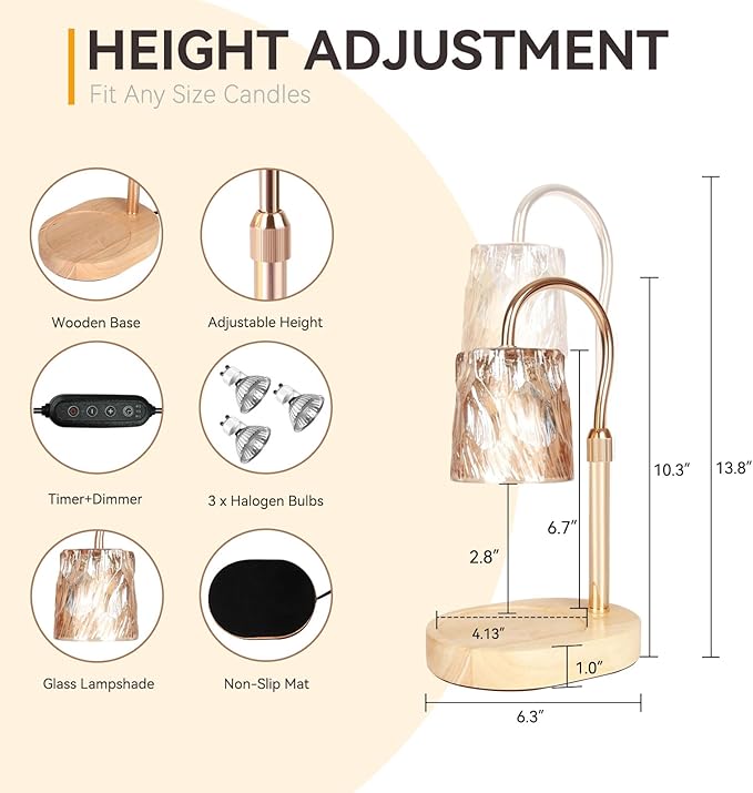 Candle Warmer Lamp with 3 Bulbs, Adjustable Height Dimmable Candle Warmer with Timer, Compatible with Large Jar Candles, Candle Lamp with Charming Gift Box for Her/Him