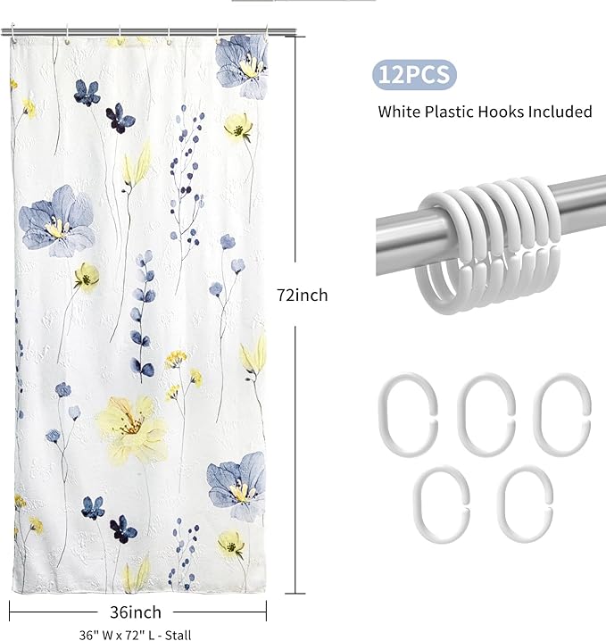 QiyI Small Stall Shower Curtain 36 x 72, Narrow Half Watercolor Floral Bath Curtain, 3D Embossed Blue Yellow Flower Cloth Bathroom Curtain, Waterproof Fabric White Shower Curtain Set with Hooks