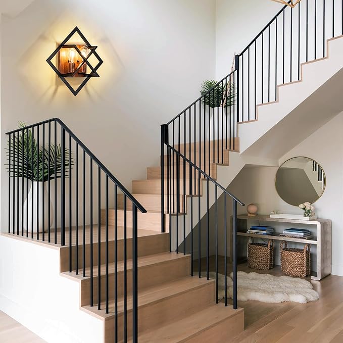 Farmhouse Wall Sconce with Black Finish & Wood Grain, Set of 2 Rustic Wall Sconces Indoor Wall Light Fixtures 17.8in for Stairway, Living Room, Bedroom, Bathroom (2 Light,E26 Base, No Bulbs)