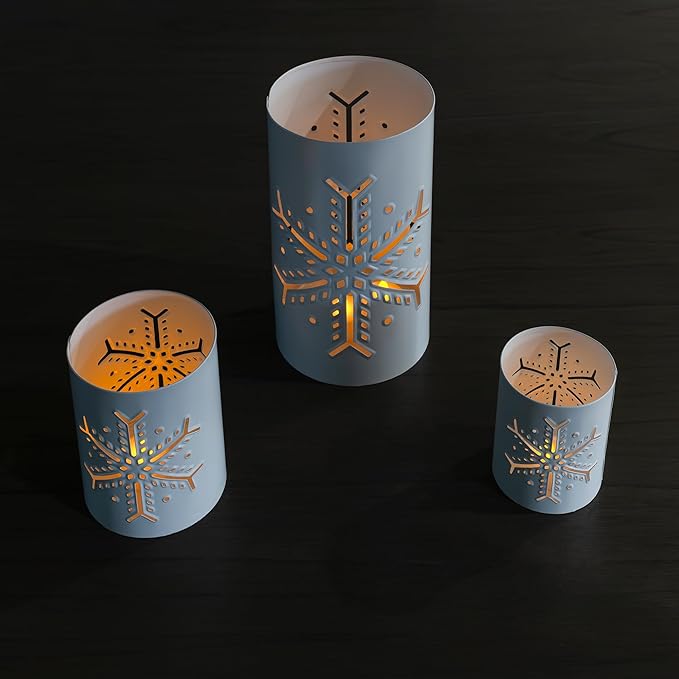 AuldHome Design Snowflake Candle Lanterns for Pillar Candles (Set of 3); Christmas Holiday Decor Centerpiece Candle Holders