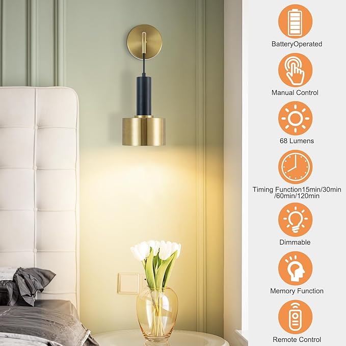 Battery Operated Wall Sconces Set of 2,Black Gold Wireless Sconce Wall Lighting Dimmable Indoor,E26 Base Modern Led Wall Lamp Fixtures for Bedroom Living Room Hallway Corridor Porc