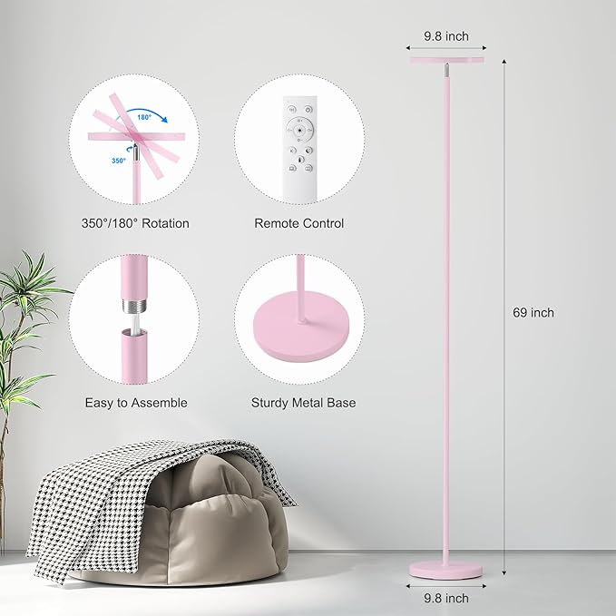 SUNMORY Soft Pink Torchiere Floor Lamp for Bedroom and Office – Elegant Standing Lamp with Modern Design, Perfect for Ambient Lighting in Living Spaces