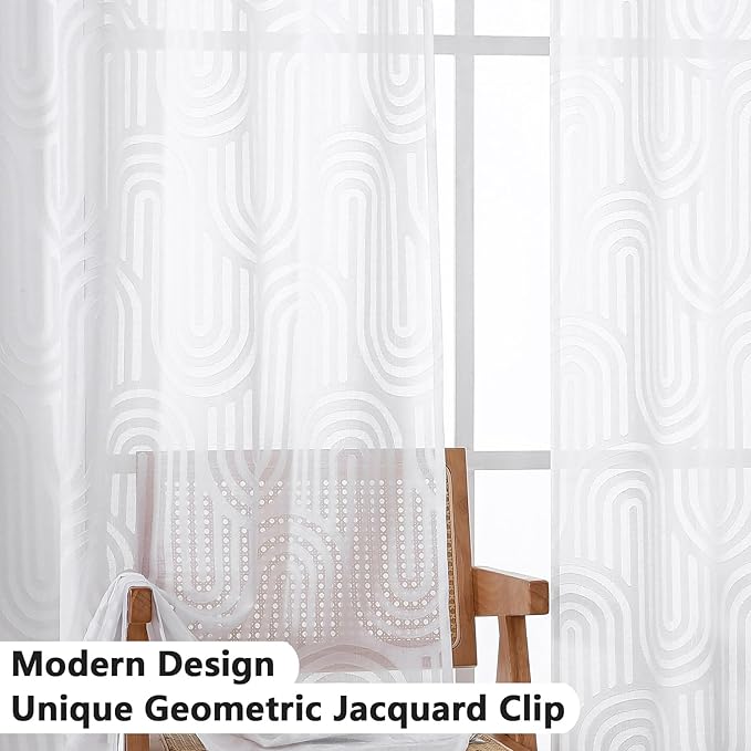 Simplebrand White Geometric Mid Century Jacquard Clip Textured Sheer Curtains, 2 Panels, 42W x 45L Inches, Light Filtering, Dual Rod Pocket, Machine Washable