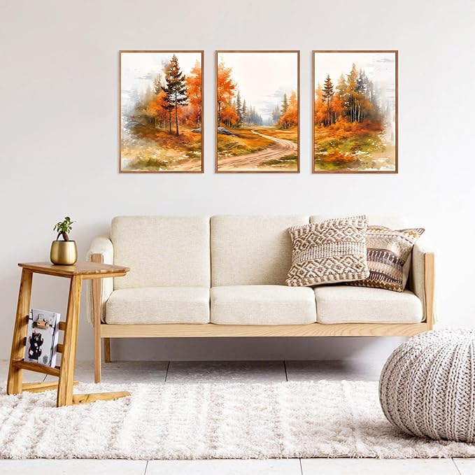 LHIUEM Rustic Autumn Landscape Canvas Wall Art set of 3(12”X16”)Maple Leaf Road Forest Framed Wall Decor,Retro Orange Fall Nature Scenery Vintage Thanksgiving Art Print for Office Living Room Bedroom