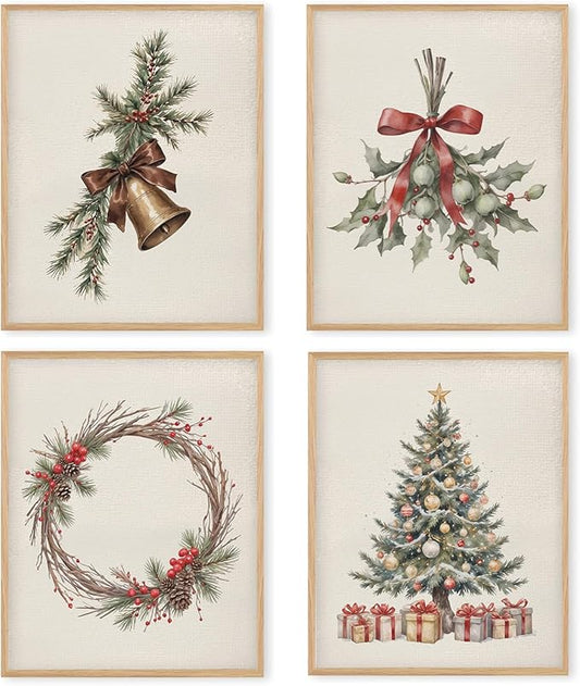 Boat Wades Vintage Christmas Wall Art Prints Set of 4, Rustic Xmas Tree Holly Branches Wreath Posters Pictures Wall Decor for Bedroom Living Room Office, Christmas Home Decor, 8x10 Unframed