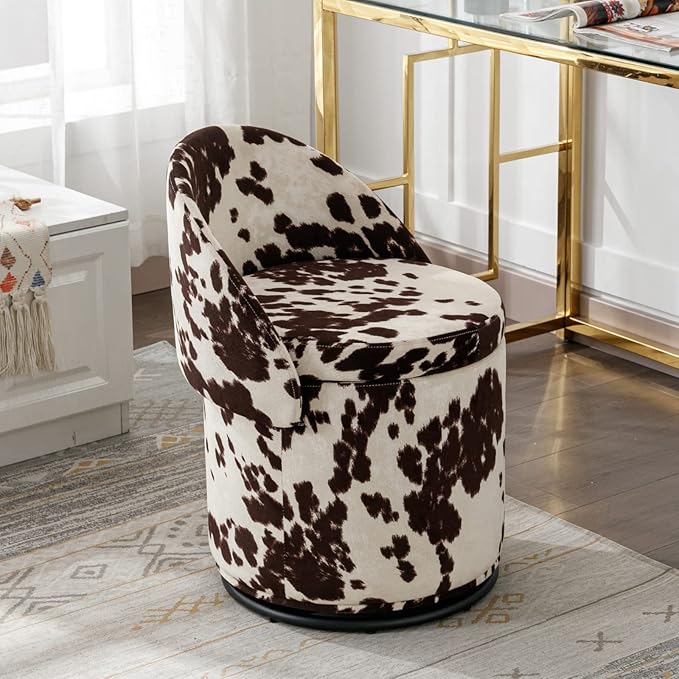 Modern Swivel Ottoman Vanity Chair, Linen Upholstered Barrel Club 360°Degree Swivel Side Stool with Storage, Comfy Makeup Stool for Bedroom Living Room, Milk Cow
