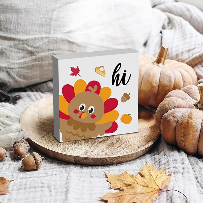 HTBIG The Autumn Decor ative Thanksgiving Comes With a Hi fun Greeting Sign Wooden Box Placed In a Home office Bedroom or Coffee Barit Instantly Creates a Strong festive Ctmosphere 5 x 5 Inch