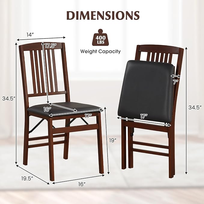 COSTWAY Folding Dining Chairs Set of 2, Wooden Kitchen Side Chairs w/Padded Seat, Solid Wood Frame, 400 LBS Load Bearing, No Assembly Needed, Vintage Foldable Chairs for Dining Room, Living Room