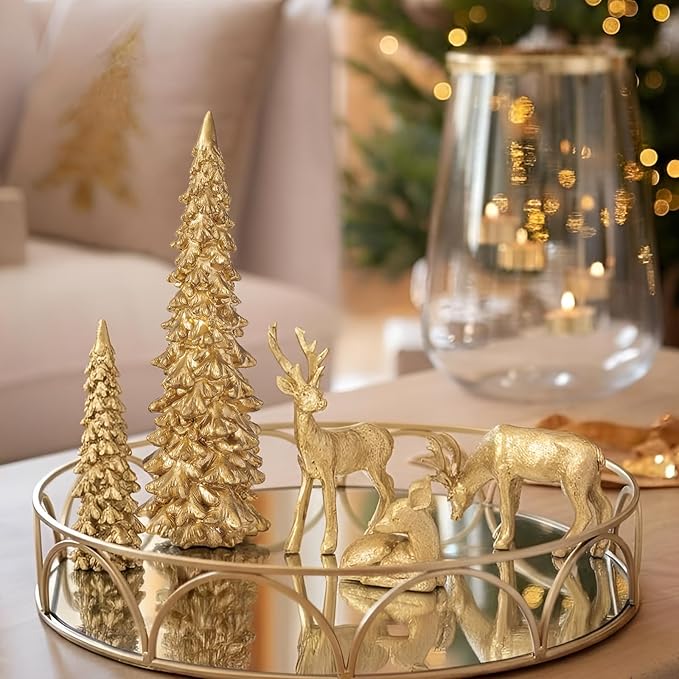 DN DECONATION Christmas Reindeer and Tree Decor – Set of 5 Gold Xmas Reindeer with Christmas Tree Statues – Vintage Resin Woodland Forest Animals Deers for Table Mantle, Indoor Winter Decor