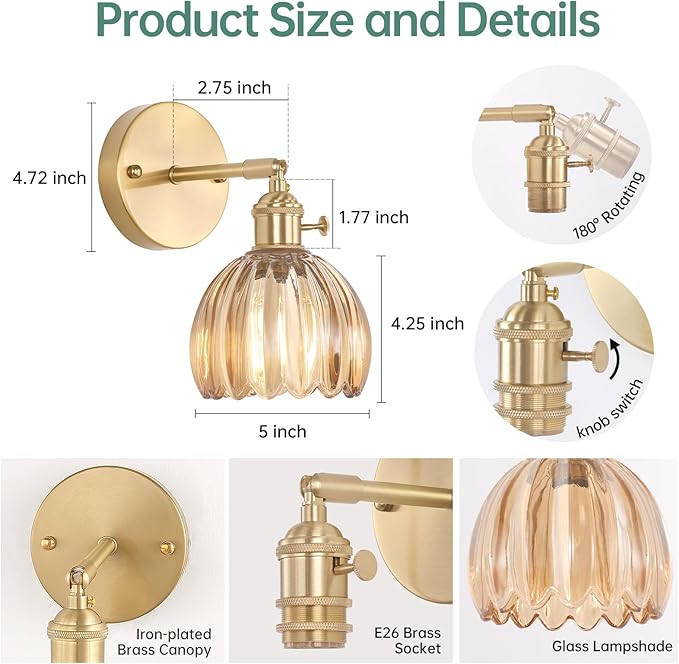 Vintage Wall Sconces with Cute Amber Tulip Glass Lampshade 180 Degree Adjustable Brass Sconces Hradwired Modern Wall Lighting Fixture with Switch for Bedside Bedroom Doorway