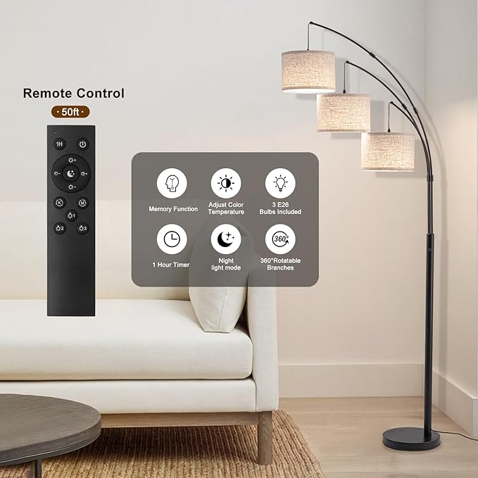 Arc Floor Lamp, 3 Light Floor Lamp with Remote, 2400LM Super Bright Tall Standing Lamp with 3 Color Temps & Dimmable, 80" Mid Century Tree Floor Lamps for Living Room, Bedroom, Office