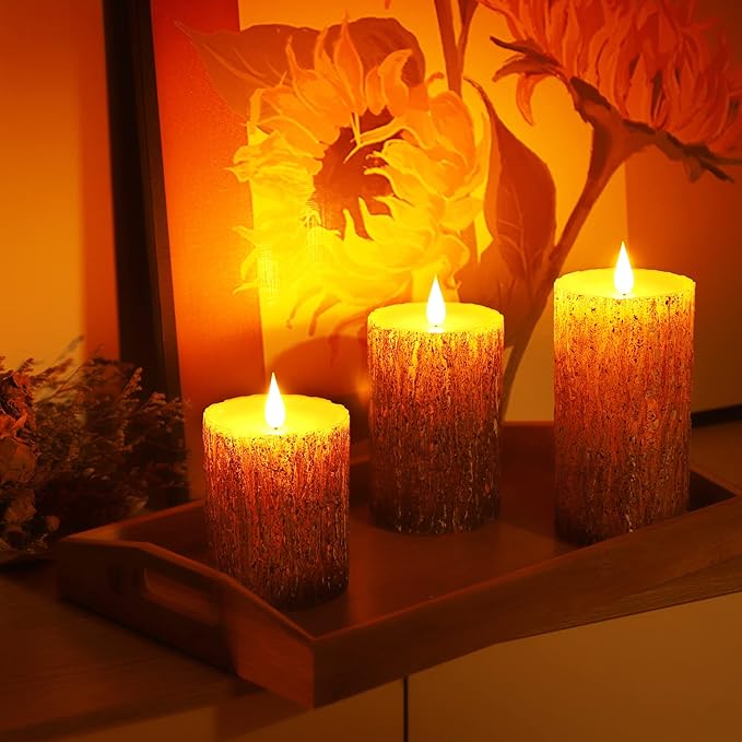 Flameless Candles Battery Operated Pillar Pine Effect Real Wax Flickering 3D Wick Electric LED Decorative Candle Sets with Remote Control Cycling 24 Hours Timer, 4" 5" 6" Pack of 3