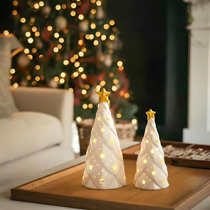 DN Decoration White Ceramic Christmas Tree with Lights, 2Pcs Prelit Tabletop Xmas Decor with Star Cutouts, Battery-Operated LED Trees for Christmas Village, Office, Front Porch Holiday Centerpieces